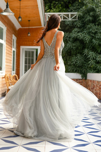 Special Long Grey Tulle Prom Dress Corset With Beaded Neck - $128.9808  #MYS78056 