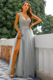 Grey V Neck Beaded Long Prom Dress