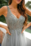 Grey V Neck Beaded Long Prom Dress