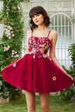 Burgundy A Line Spaghetti Straps Graduation Dress With 3D Flowers