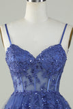Cute A Line Spaghetti Straps Dark Blue Sparkly Corset Graduation Dress