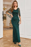 Dark Green Sequined Scoop Neck Long 1920s Dress