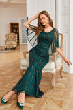 Dark Green Sequined Scoop Neck Long 1920s Dress