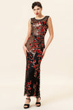 Sheath Round Neck Black Red Love Heart Beaded Long Flapper 1920s Dress