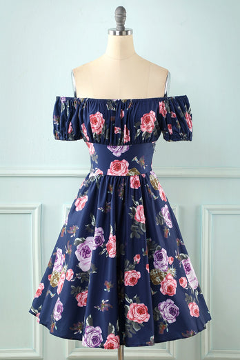 Puff Sleeves Printed Vintage Dress
