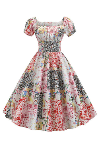 Puff Sleeves Printed Vintage Dress