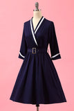 Navy Blue Patchwork V Neck Casual Wrap Dress