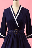 Navy Blue Patchwork V Neck Casual Wrap Dress