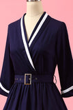 Navy Blue Patchwork V Neck Casual Wrap Dress