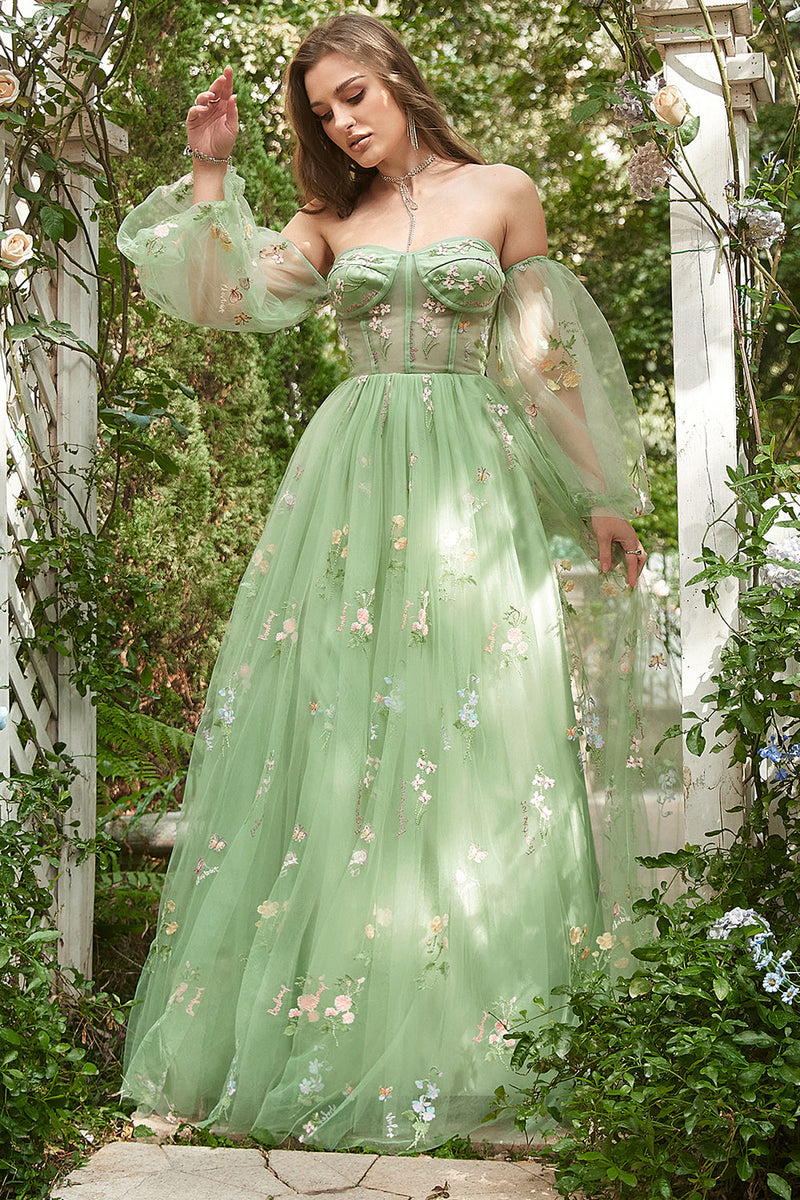 Load image into Gallery viewer, Off The Shoulder Green Long Sleeves A-Line Prom Dress