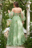 Off The Shoulder Green Long Sleeves A-Line Prom Dress