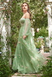 Off The Shoulder Green Long Sleeves A-Line Prom Dress