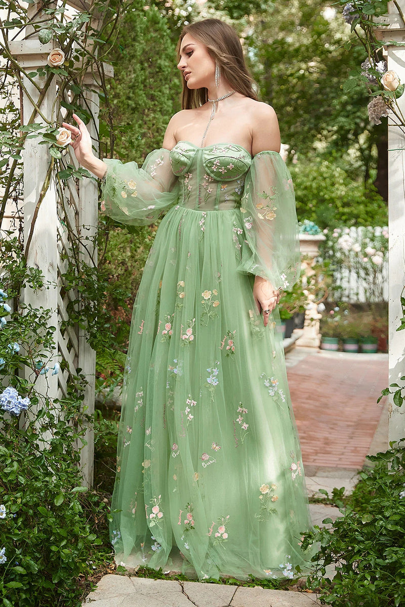 Zapaka Women Prom Dress Green Off The Shoulder Long Sleeves A-Line