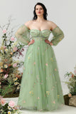 A Line Off the Shoulder Green Plus Size Prom Dress with Embroidery