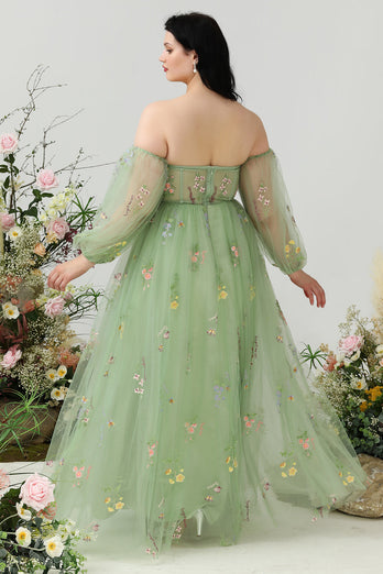A Line Off the Shoulder Green Plus Size Prom Dress with Embroidery