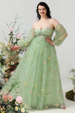 A Line Off the Shoulder Green Plus Size Prom Dress with Embroidery