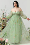 A Line Off the Shoulder Green Plus Size Prom Dress with Embroidery