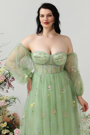 A Line Off the Shoulder Green Plus Size Prom Dress with Embroidery
