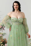 A Line Off the Shoulder Green Plus Size Prom Dress with Embroidery