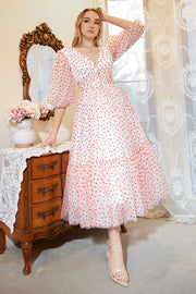 A Line Deep V Neck White Red Dot Tea Length Prom Dress