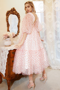 A Line Deep V Neck White Red Dot Tea Length Prom Dress