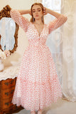 A Line Deep V Neck White Red Dot Tea Length Prom Dress