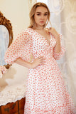 A Line Deep V Neck White Red Dot Tea Length Prom Dress