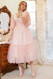 A Line Deep V Neck White Red Dot Tea Length Prom Dress