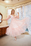 A Line Deep V Neck White Red Dot Tea Length Prom Dress