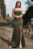 Green Strapless Satin Prom Dress with Slit