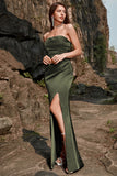 Sheath Strapless Olive Long Prom Dress with Split Front