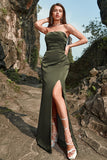 Sheath Strapless Olive Long Prom Dress with Split Front