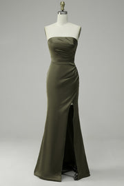 Green Strapless Satin Prom Dress with Slit