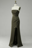 Green Strapless Satin Prom Dress with Slit