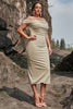 Load image into Gallery viewer, A Line Sheath Off the Shoulder Ivory Tea Length Plus Size Prom Dress