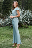 Grey Blue Satin Simple Prom Dress with Ruffles