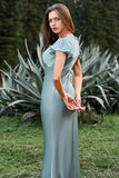 Grey Blue Satin Simple Prom Dress with Ruffles