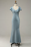 Grey Blue Satin Simple Prom Dress with Ruffles