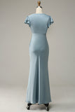 Grey Blue Satin Simple Prom Dress with Ruffles