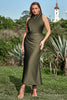 Load image into Gallery viewer, Sheath Cowl Neck Olive Tea Length Plus Size Prom Dress with Open Back