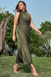 Sheath Cowl Neck Olive Tea Length Plus Size Prom Dress with Open Back