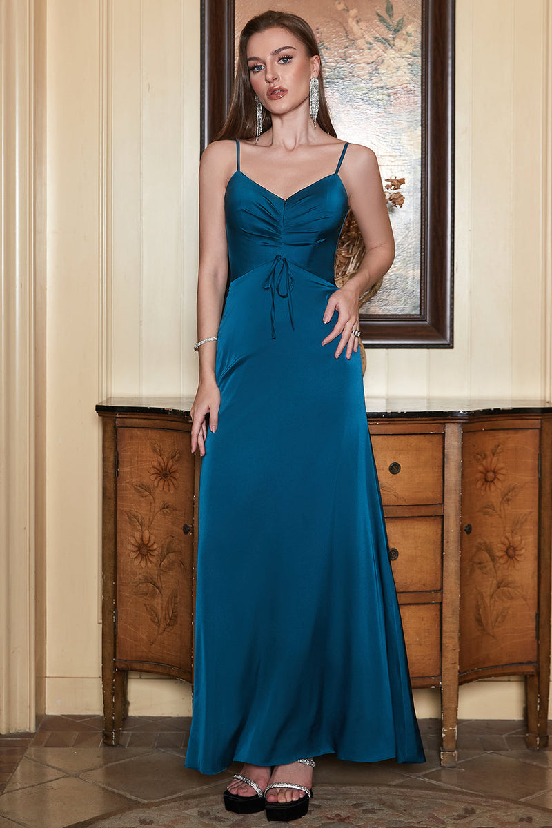 Load image into Gallery viewer, Spaghetti Straps Blue Simple Prom Dress with Ruffles