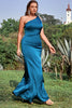 Load image into Gallery viewer, Sheath One Shoulder Peacock Blue Plus Size Dress with Open Back