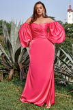 Sheath Off the Shoulder Fuchsia Plus Size Prom Dress with Long Sleeves