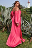 Load image into Gallery viewer, Sheath Off the Shoulder Fuchsia Plus Size Prom Dress with Long Sleeves