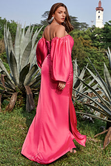 Sheath Off the Shoulder Fuchsia Plus Size Prom Dress with Long Sleeves