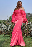 Sheath Off the Shoulder Fuchsia Plus Size Prom Dress with Long Sleeves