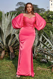 Sheath Off the Shoulder Fuchsia Plus Size Prom Dress with Long Sleeves