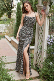 Sheath Halter Black Flower Printed Long Bridesmaid Dress