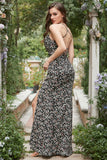 Sheath Halter Black Flower Printed Long Bridesmaid Dress